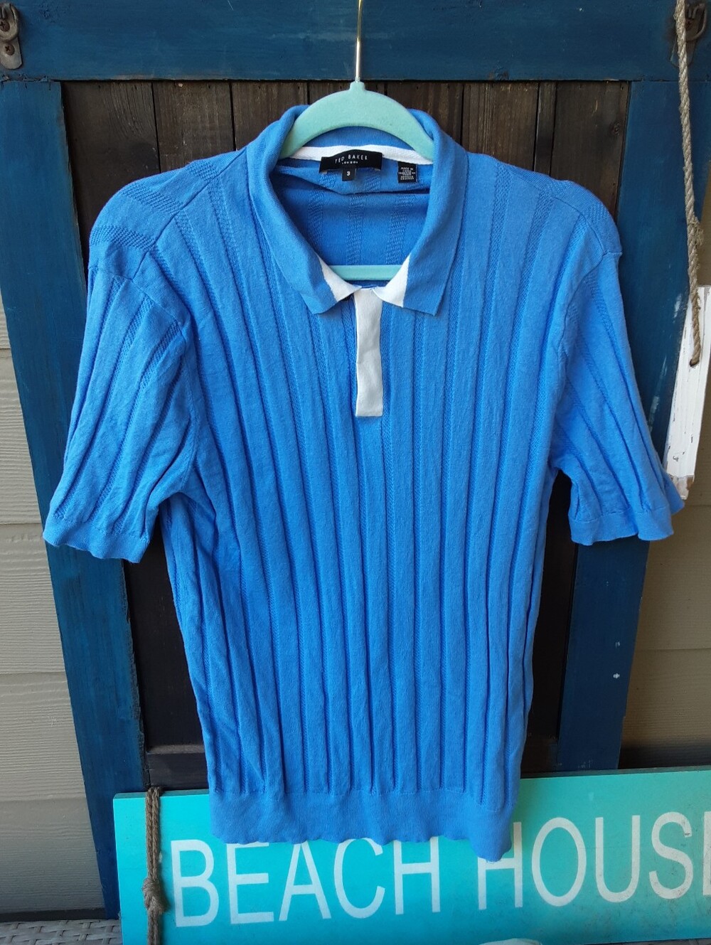 Ted Baker Bright Blue Short-Sleeve Ribbed Polo with Contrast Placket